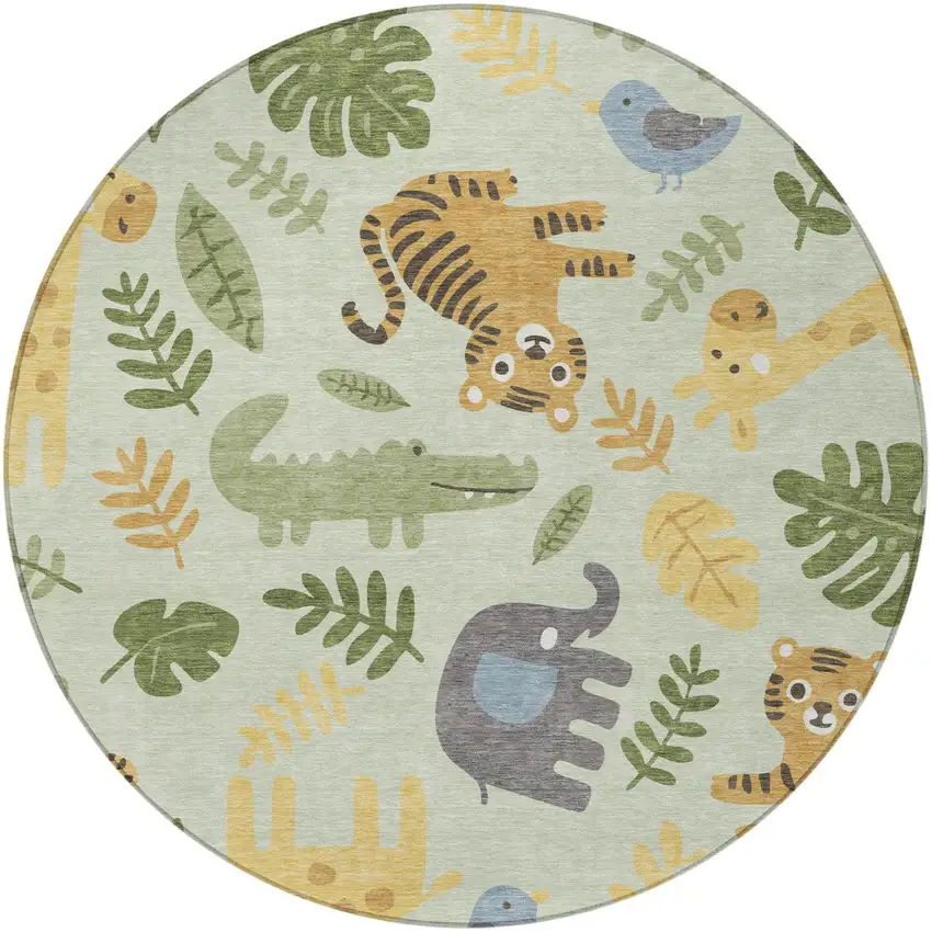 8' Mint Green And Ivory Round Abstract Washable Indoor Outdoor Area Rug Photo 3