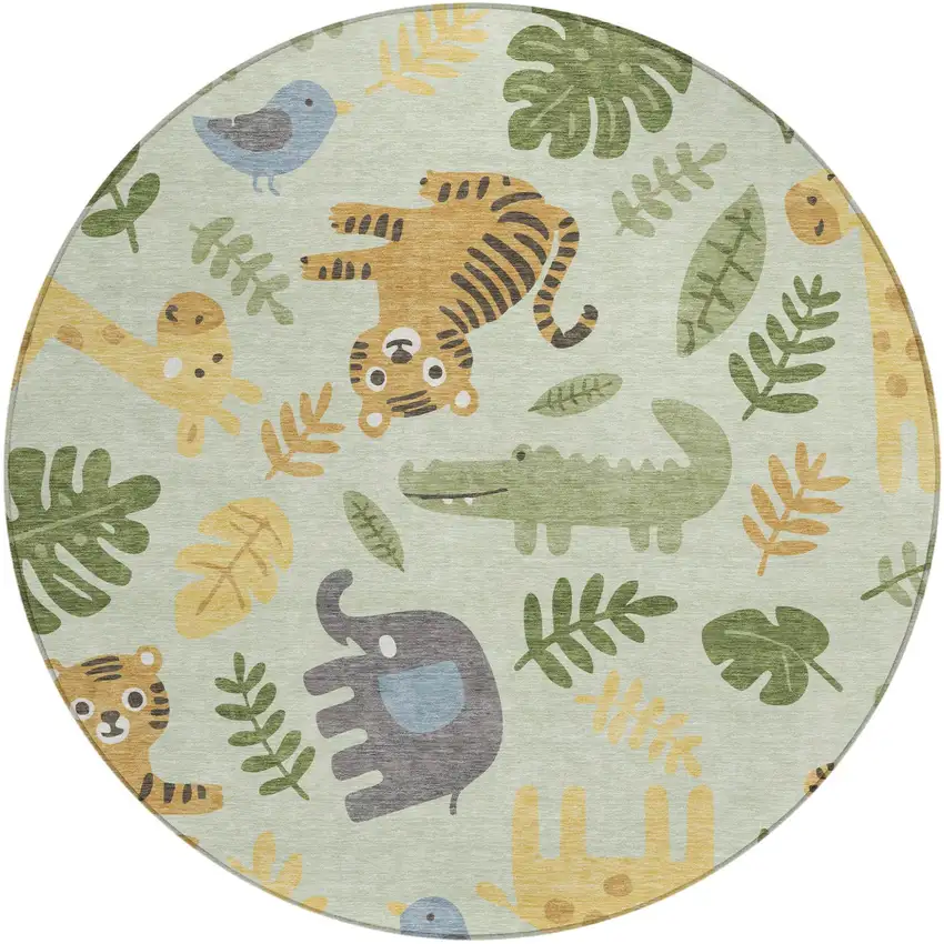 8' Mint Green And Ivory Round Abstract Washable Indoor Outdoor Area Rug Photo 1