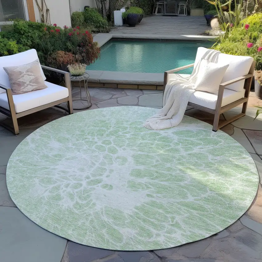 8' Mint Green And Ivory Round Abstract Washable Indoor Outdoor Area Rug Photo 6