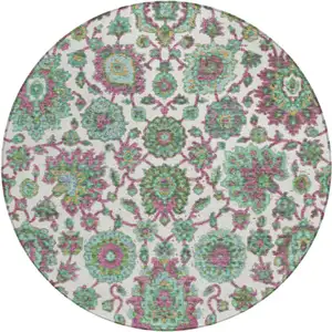 Photo of 8' Mint Green And Ivory Round Floral Medallion Washable Indoor Outdoor Area Rug