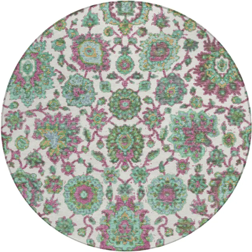 8' Mint Green And Ivory Round Floral Medallion Washable Indoor Outdoor Area Rug Photo 1