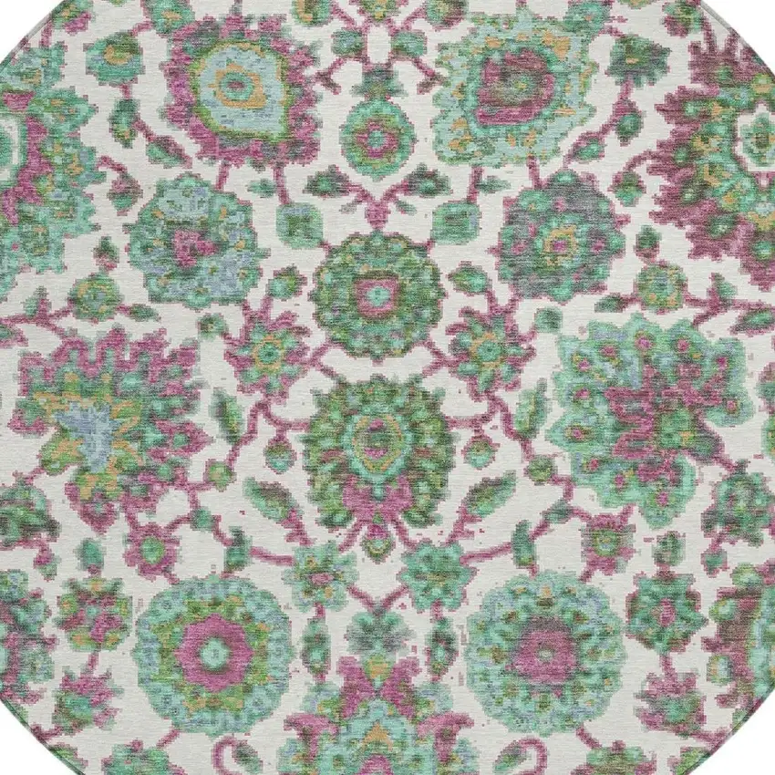 8' Mint Green And Ivory Round Floral Medallion Washable Indoor Outdoor Area Rug Photo 5