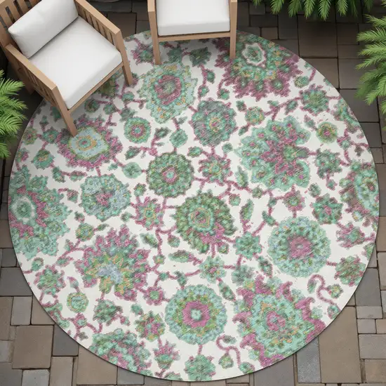 8' Mint Green And Ivory Round Floral Medallion Washable Indoor Outdoor Area Rug Photo 8