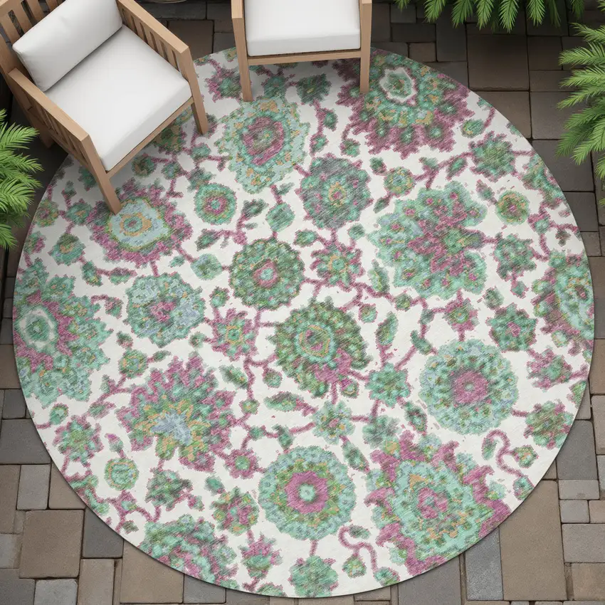 8' Mint Green And Ivory Round Floral Medallion Washable Indoor Outdoor Area Rug Photo 8