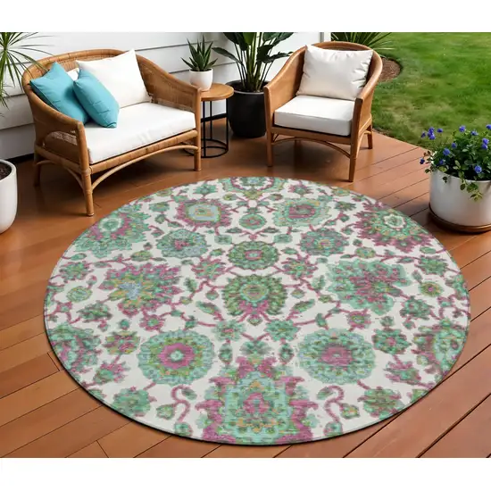 8' Mint Green And Ivory Round Floral Medallion Washable Indoor Outdoor Area Rug Photo 2