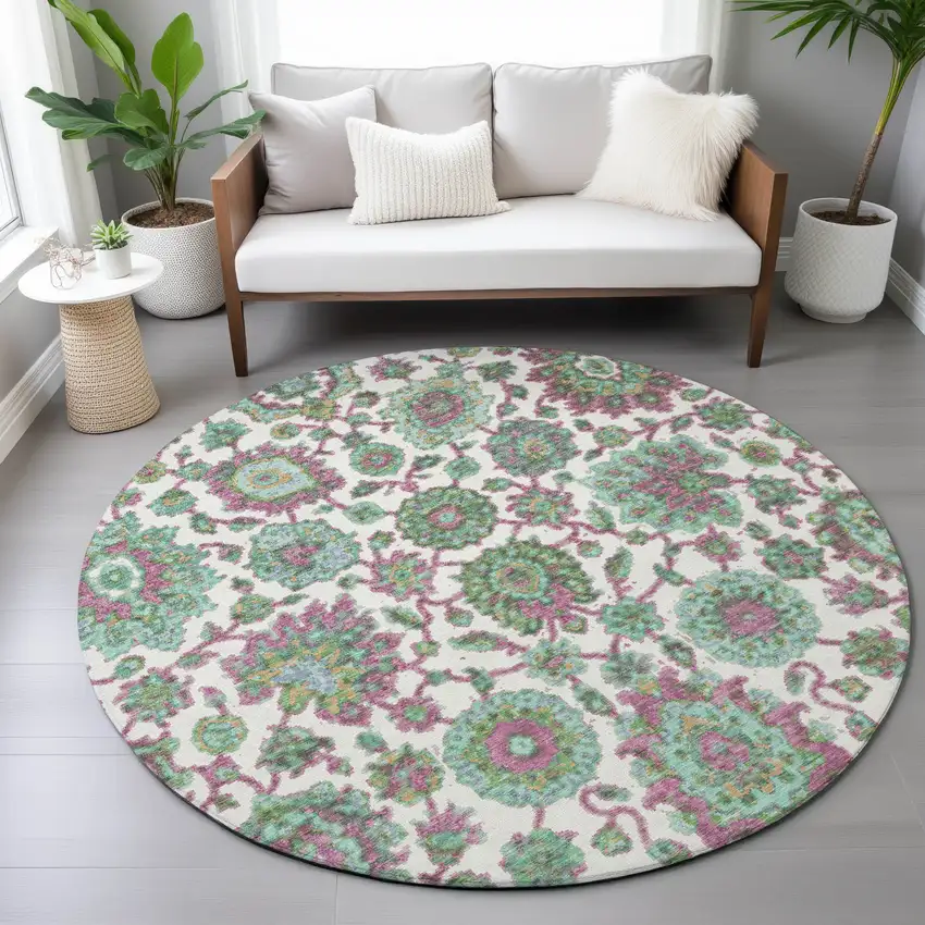 8' Mint Green And Ivory Round Floral Medallion Washable Indoor Outdoor Area Rug Photo 9