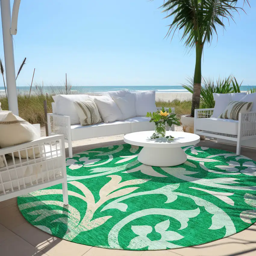 8' Mint Green And Ivory Round Floral Washable Indoor Outdoor Area Rug Photo 6