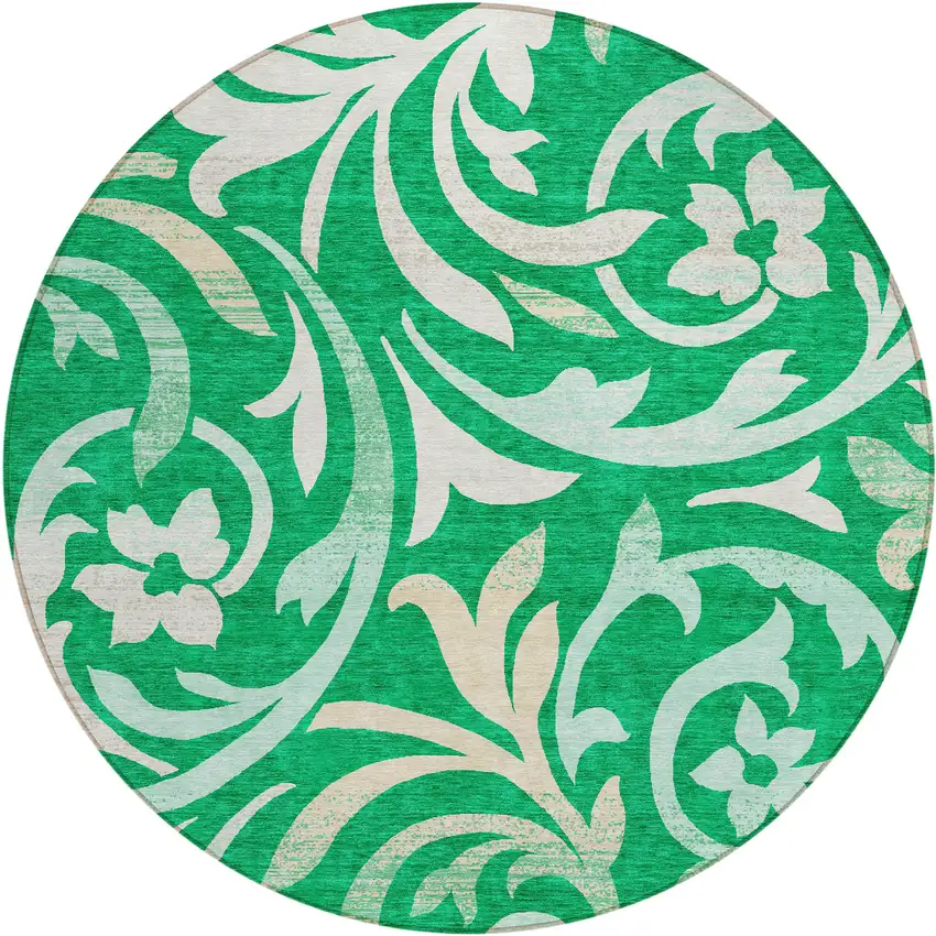8' Mint Green And Ivory Round Floral Washable Indoor Outdoor Area Rug Photo 1