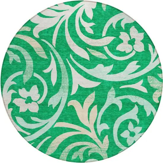 8' Mint Green And Ivory Round Floral Washable Indoor Outdoor Area Rug Photo 1
