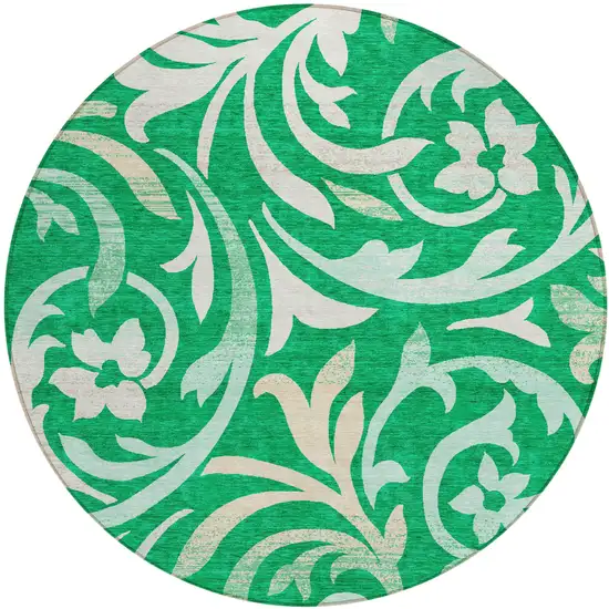 8' Mint Green And Ivory Round Floral Washable Indoor Outdoor Area Rug Photo 1