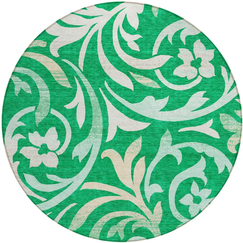 8' Mint Green And Ivory Round Floral Washable Indoor Outdoor Area Rug Photo 1