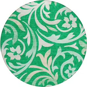 Photo of 8' Mint Green And Ivory Round Floral Washable Indoor Outdoor Area Rug