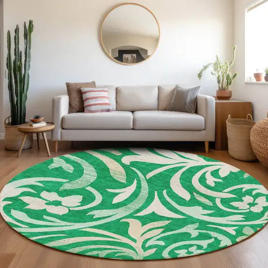 8' Mint Green And Ivory Round Floral Washable Indoor Outdoor Area Rug Photo 7