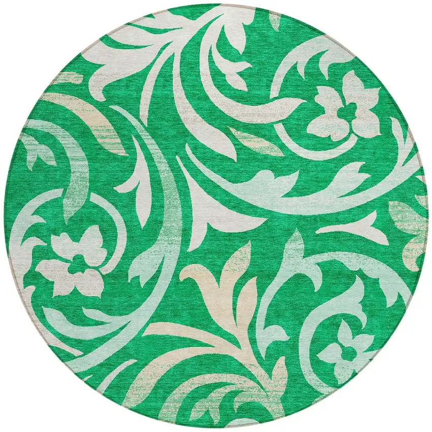 8' Mint Green And Ivory Round Floral Washable Indoor Outdoor Area Rug Photo 5
