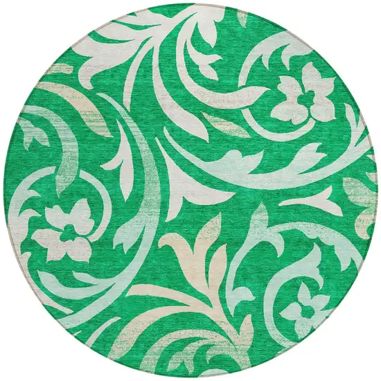 8' Mint Green And Ivory Round Floral Washable Indoor Outdoor Area Rug Photo 5
