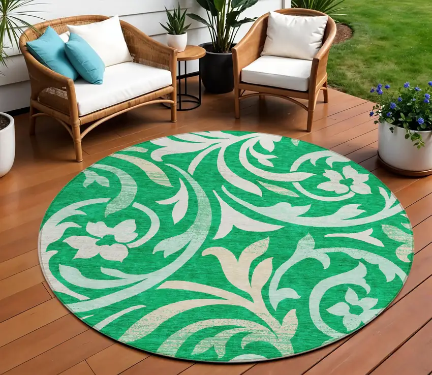 8' Mint Green And Ivory Round Floral Washable Indoor Outdoor Area Rug Photo 1