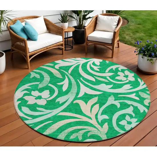 8' Mint Green And Ivory Round Floral Washable Indoor Outdoor Area Rug Photo 1