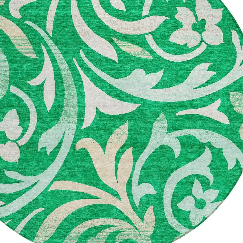 8' Mint Green And Ivory Round Floral Washable Indoor Outdoor Area Rug Photo 4
