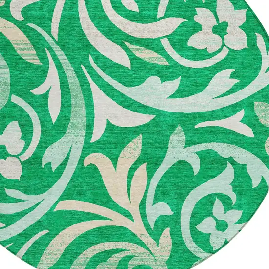 8' Mint Green And Ivory Round Floral Washable Indoor Outdoor Area Rug Photo 4