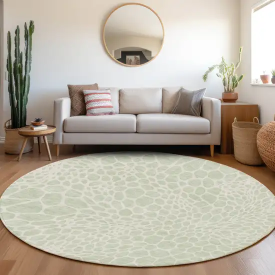 8' Mint Green And Ivory Round Geometric Washable Indoor Outdoor Area Rug Photo 8