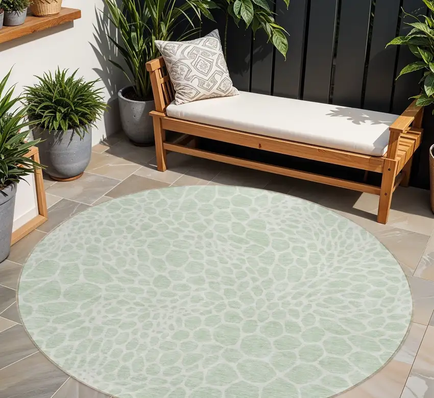 8' Mint Green And Ivory Round Geometric Washable Indoor Outdoor Area Rug Photo 1