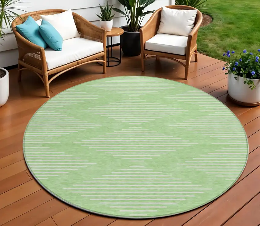 8' Mint Green And Ivory Round Geometric Washable Indoor Outdoor Area Rug Photo 1