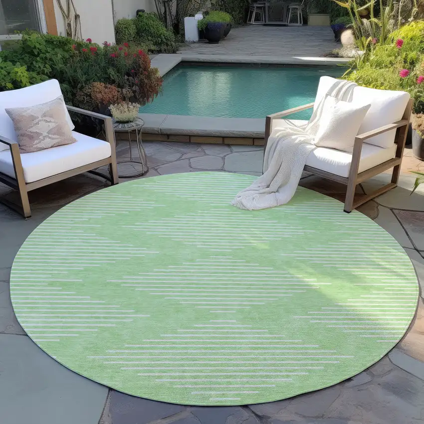 8' Mint Green And Ivory Round Geometric Washable Indoor Outdoor Area Rug Photo 6