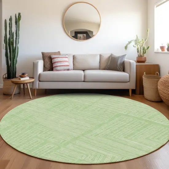 8' Mint Green And Ivory Round Geometric Washable Indoor Outdoor Area Rug Photo 8