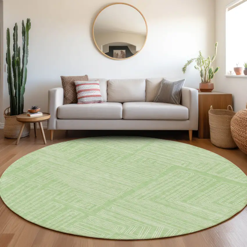 8' Mint Green And Ivory Round Geometric Washable Indoor Outdoor Area Rug Photo 8