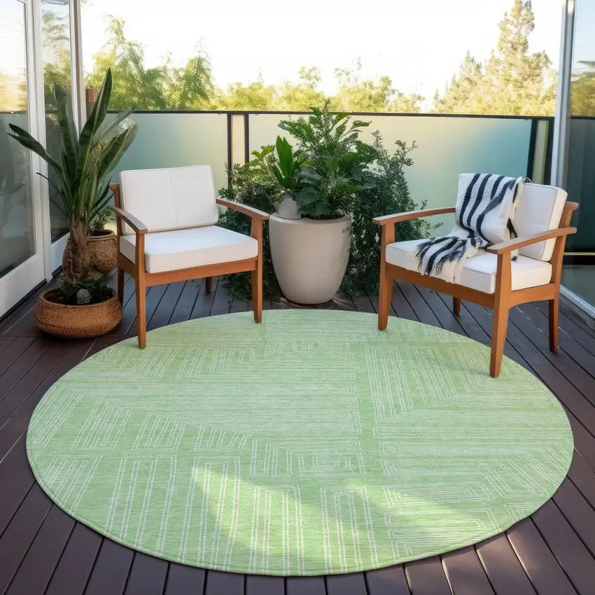 8' Mint Green And Ivory Round Geometric Washable Indoor Outdoor Area Rug Photo 7