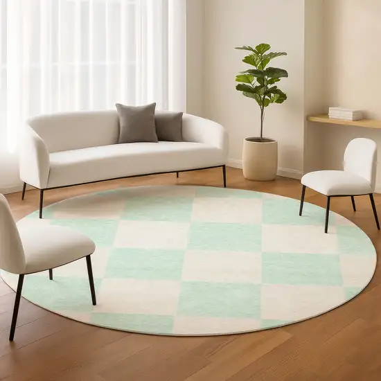 8' Mint Green And Ivory Round Geometric Washable Indoor Outdoor Area Rug Photo 8