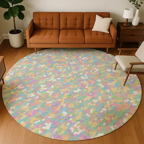 8' Mint Green And Ivory Round Geometric Washable Indoor Outdoor Area Rug Photo 5