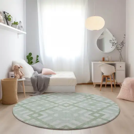 8' Mint Green And Ivory Round Geometric Washable Indoor Outdoor Area Rug Photo 6