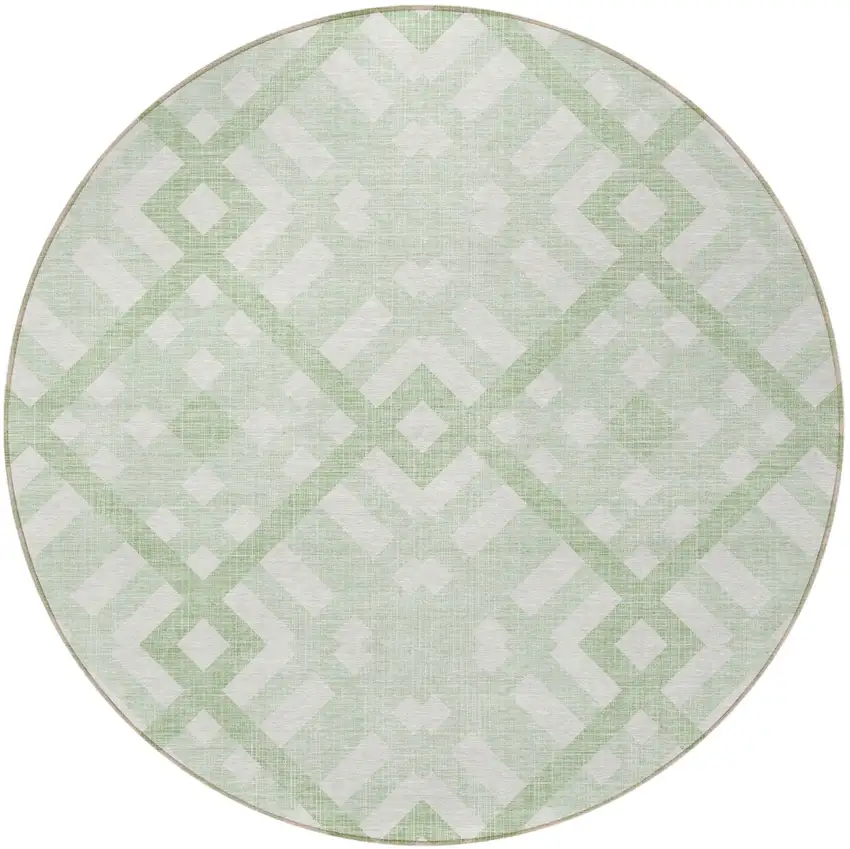 8' Mint Green And Ivory Round Geometric Washable Indoor Outdoor Area Rug Photo 4