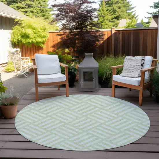 8' Mint Green And Ivory Round Geometric Washable Indoor Outdoor Area Rug Photo 5
