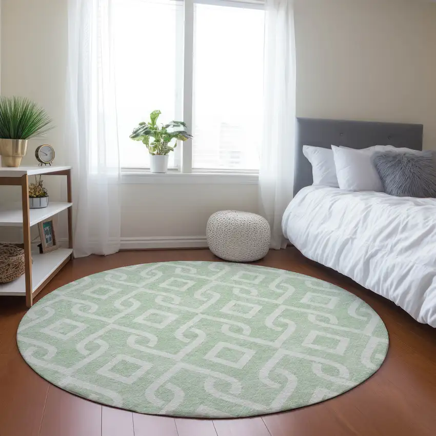 8' Mint Green And Ivory Round Geometric Washable Indoor Outdoor Area Rug Photo 8