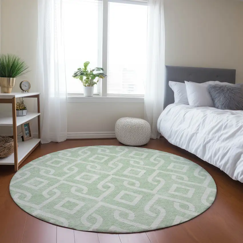 8' Mint Green And Ivory Round Geometric Washable Indoor Outdoor Area Rug Photo 8