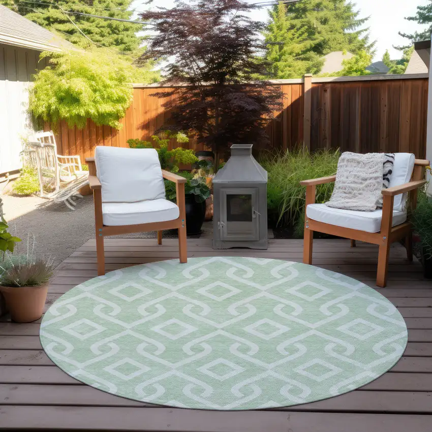 8' Mint Green And Ivory Round Geometric Washable Indoor Outdoor Area Rug Photo 7
