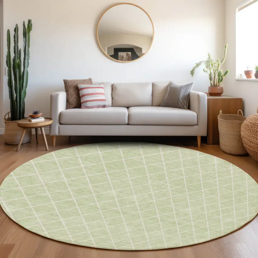 8' Mint Green And Ivory Round Geometric Washable Indoor Outdoor Area Rug Photo 7