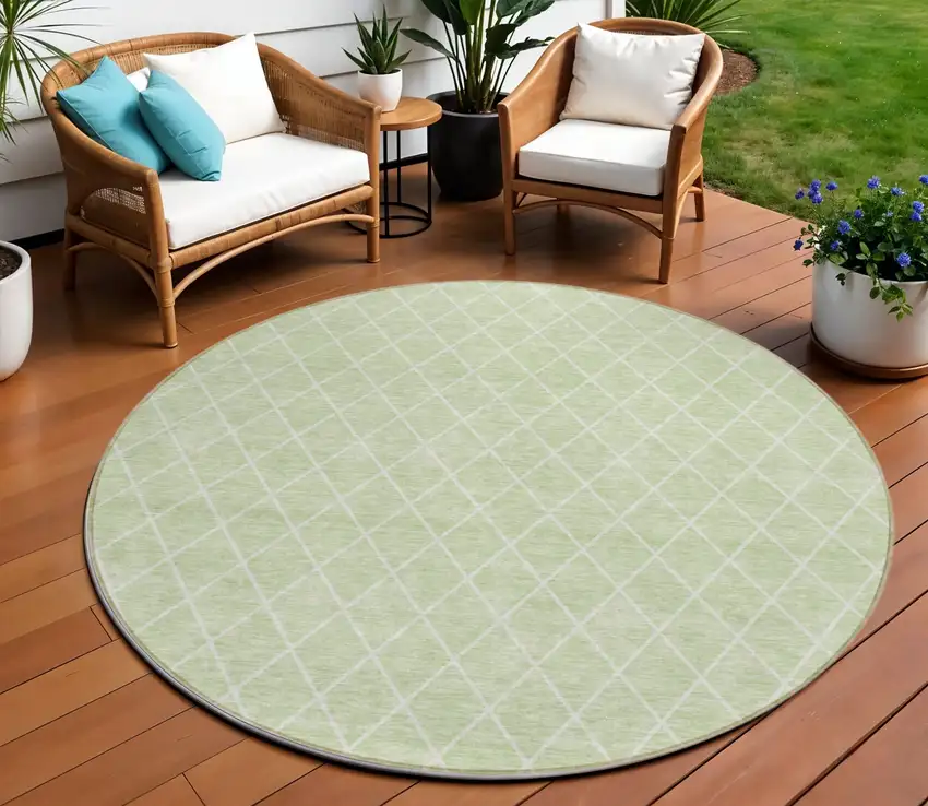 8' Mint Green And Ivory Round Geometric Washable Indoor Outdoor Area Rug Photo 1