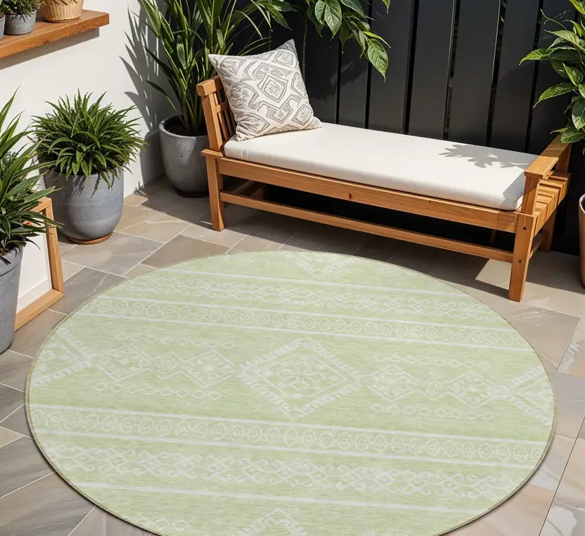 8' Mint Green And Ivory Round Southwestern Washable Indoor Outdoor Area Rug Photo 1