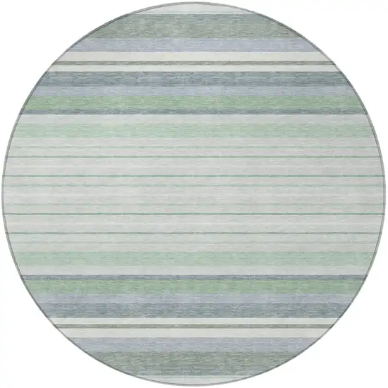 8' Mint Green And Ivory Round Striped Washable Indoor Outdoor Area Rug Photo 4