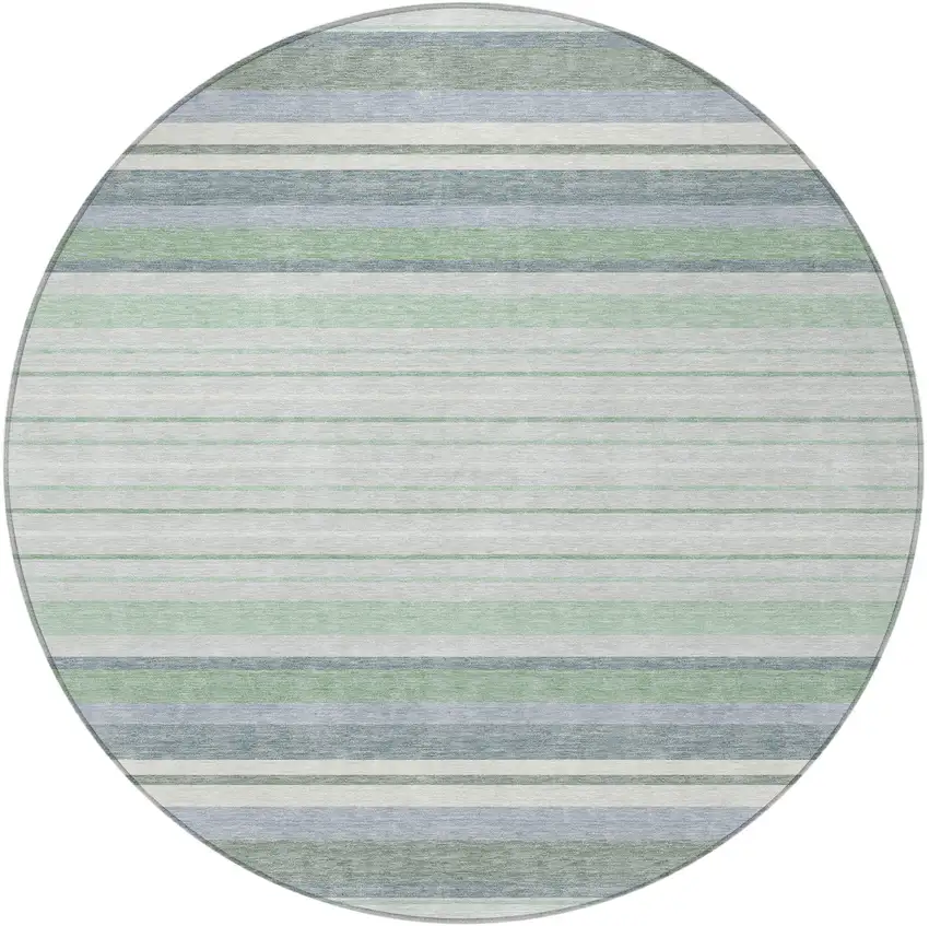8' Mint Green And Ivory Round Striped Washable Indoor Outdoor Area Rug Photo 4