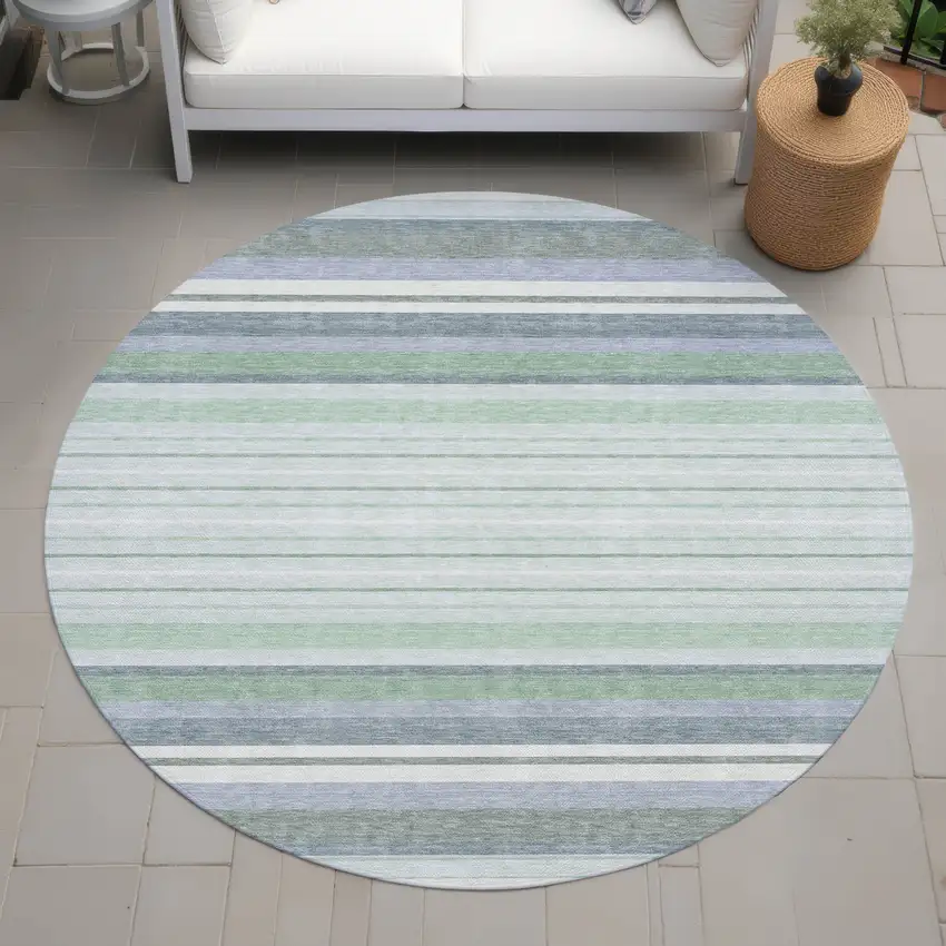 8' Mint Green And Ivory Round Striped Washable Indoor Outdoor Area Rug Photo 7