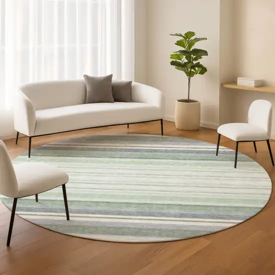 8' Mint Green And Ivory Round Striped Washable Indoor Outdoor Area Rug Photo 8
