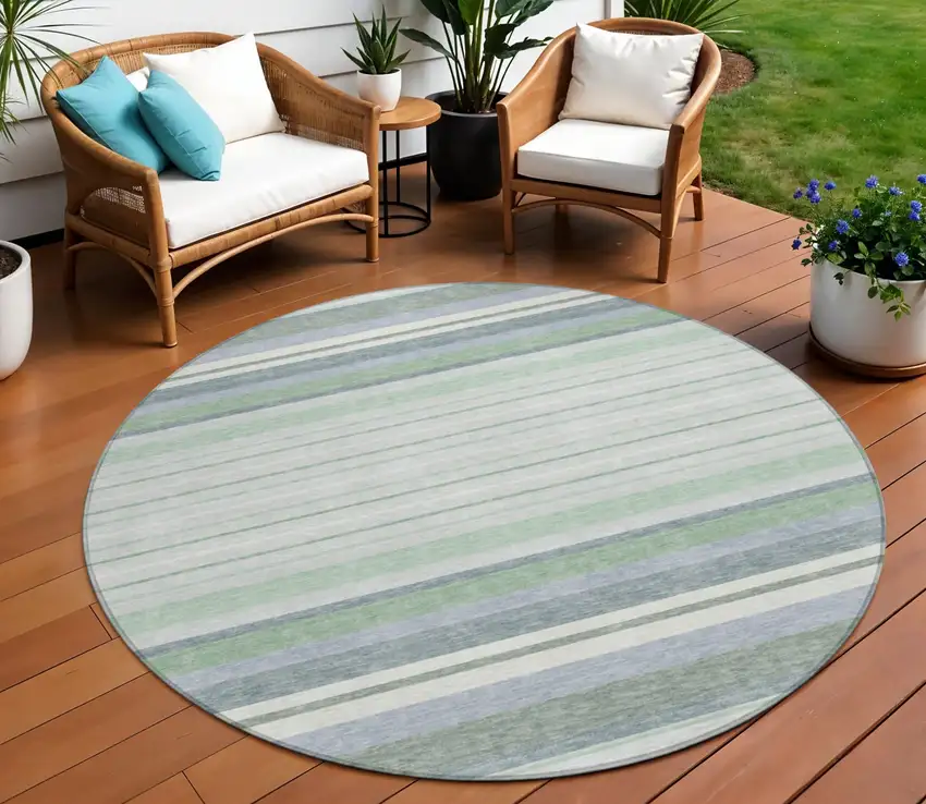 8' Mint Green And Ivory Round Striped Washable Indoor Outdoor Area Rug Photo 1