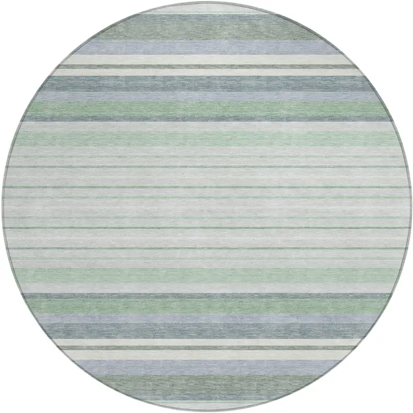 8' Mint Green And Ivory Round Striped Washable Indoor Outdoor Area Rug Photo 2