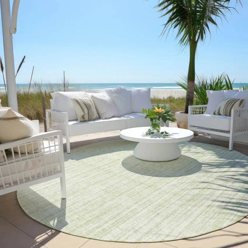 8' Mint Green And Ivory Round Striped Washable Indoor Outdoor Area Rug Photo 5