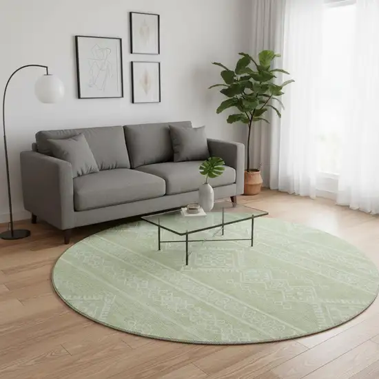 8' Mint Green And Ivory Southwestern Washable Round Rug With UV Protection Photo 2