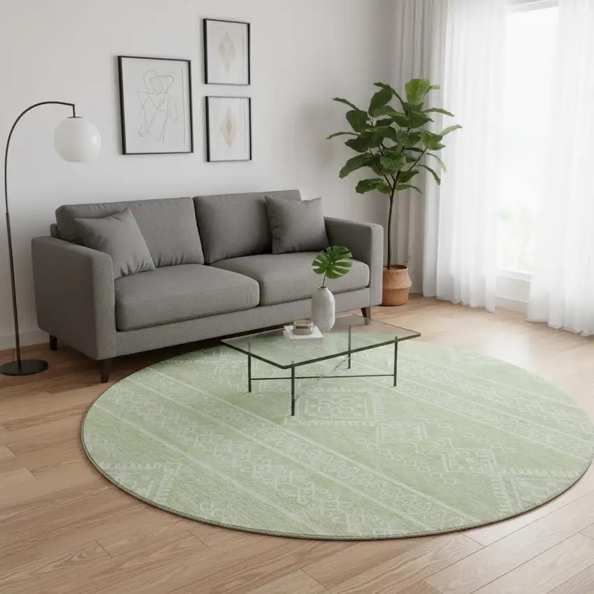8' Mint Green And Ivory Southwestern Washable Round Rug With UV Protection Photo 2